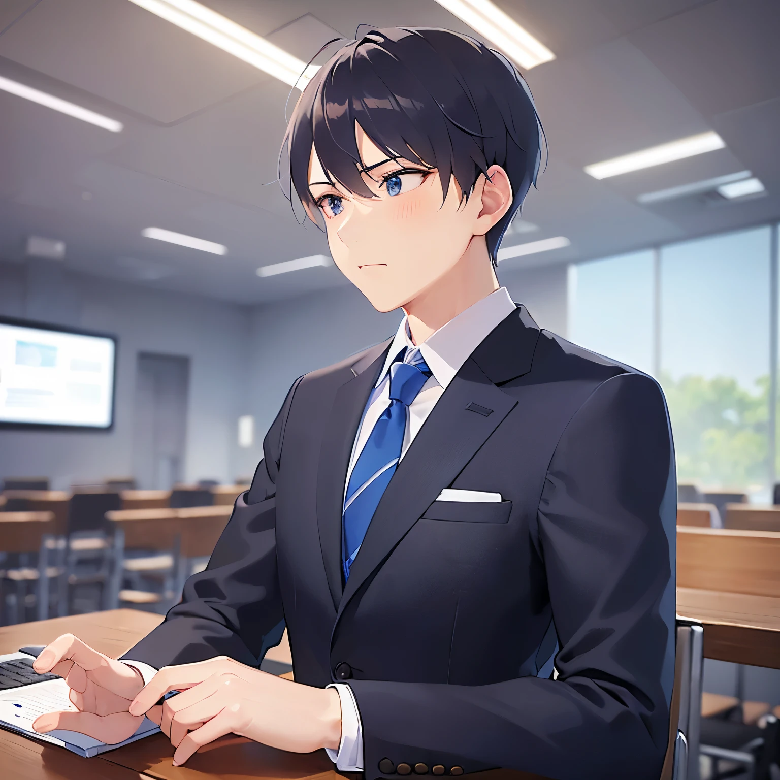 side angle, (looking away:1.5), upper body、
masterpiece、Highest quality、
(25-year-old male:1.5) and(Black short hair) and (blue eyes), 
(suit:1.5) and (Blue tie）(suit:1.5) and (Blue tie）、
Serious,blush,typing,The background is the conference room、（alone:1.5）