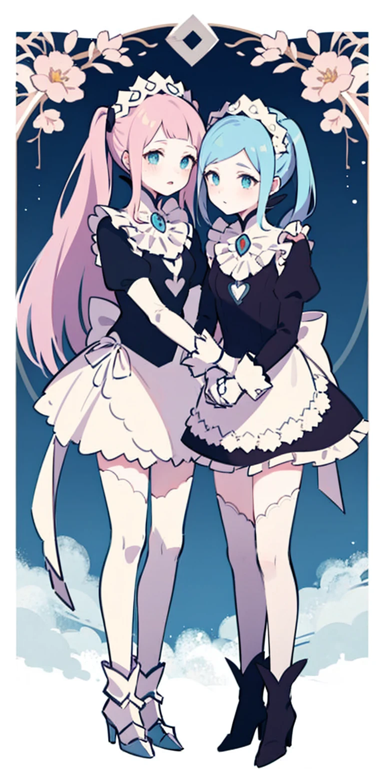 masterpiece, best quality, high quality, long hair, full body, def_effie, blue breastplate, white skin, looking at viewer, shiny, armor, thigh highs, high boots, shoulder armor, faulds, poleyn, gloves, gauntlets, (Felicia + Flora Maid outfit) 2girls together, standing next to each other, holding hands and hugging each other