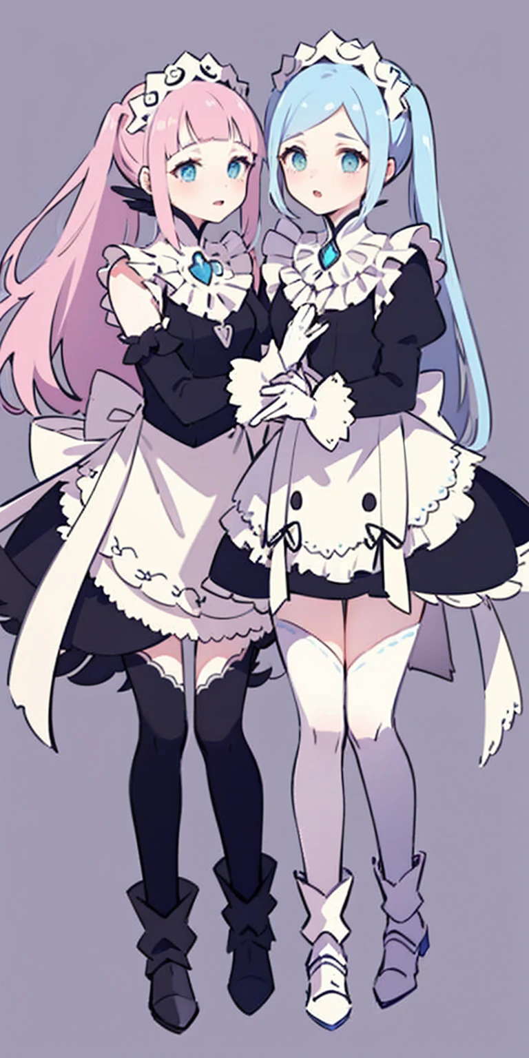 masterpiece, best quality, high quality, long hair, full body, def_effie, blue breastplate, white skin, looking at viewer, shiny, armor, thigh highs, high boots, shoulder armor, faulds, poleyn, gloves, gauntlets, (Felicia + Flora Maid outfit) 2girls together, standing next to each other, holding hands and hugging each other