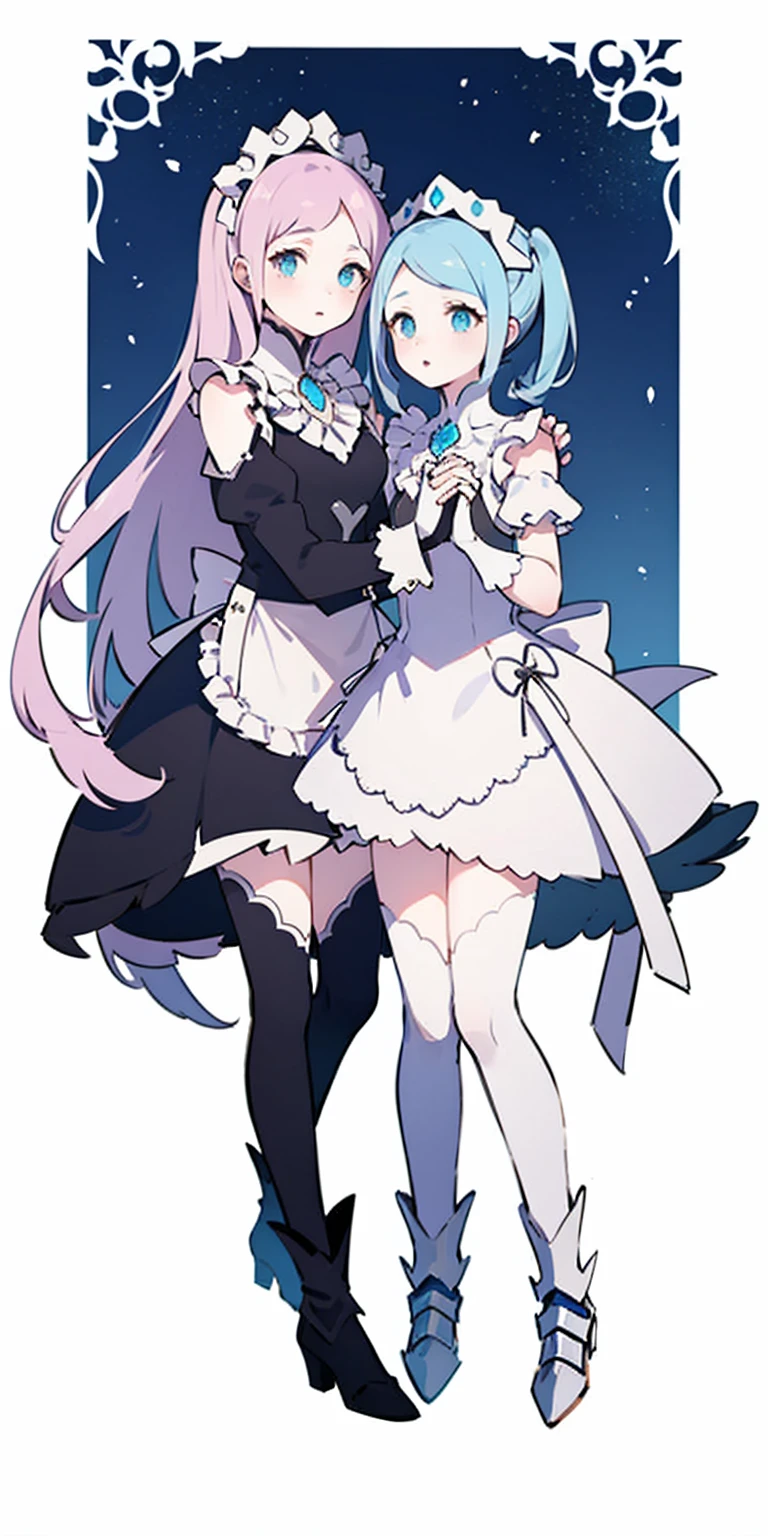 masterpiece, best quality, high quality, long hair, full body, def_effie, blue breastplate, white skin, looking at viewer, shiny, armor, thigh highs, high boots, shoulder armor, faulds, poleyn, gloves, gauntlets, (Felicia + Flora Maid outfit) 2girls together, standing next to each other, holding hands and hugging each other