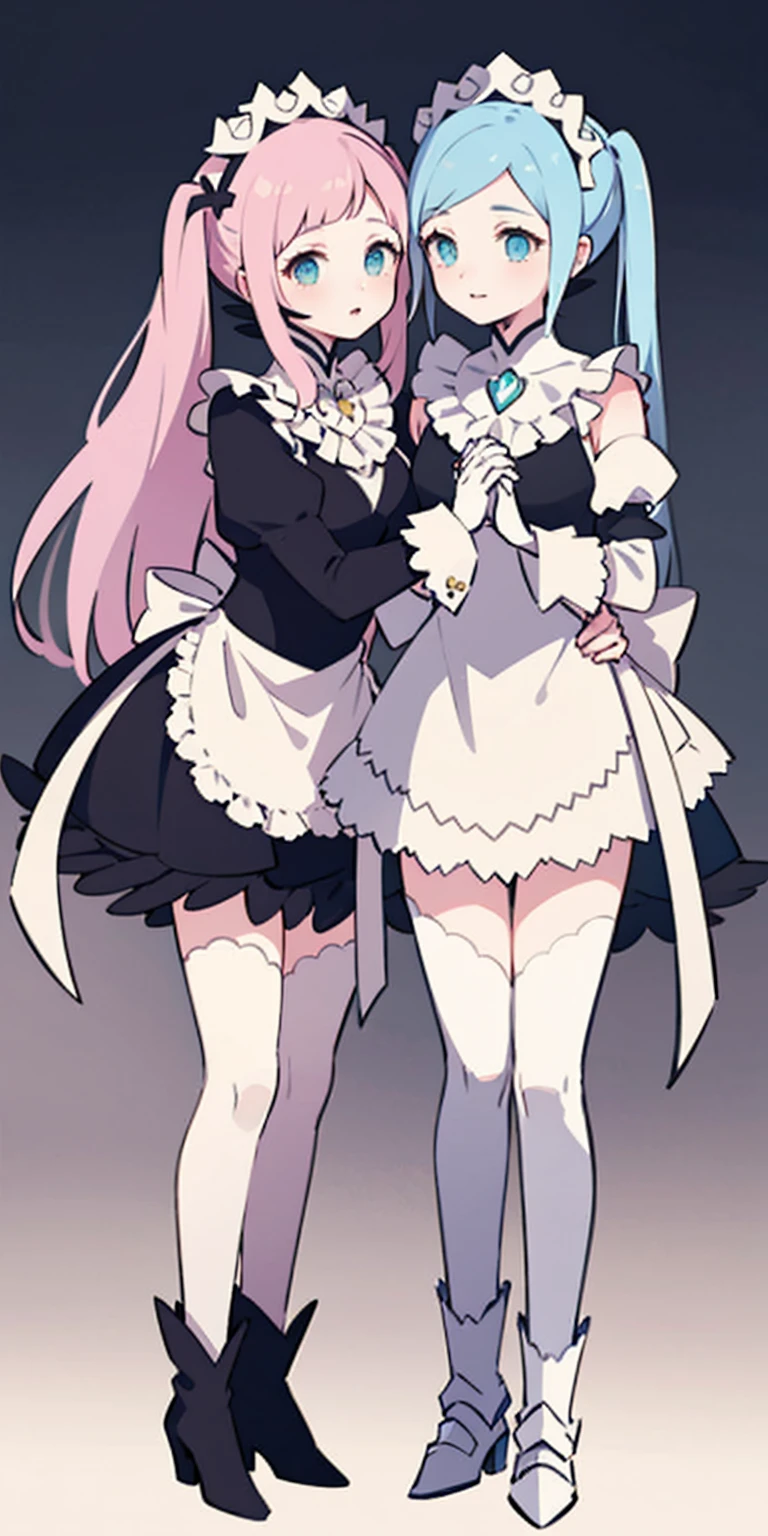 masterpiece, best quality, high quality, long hair, full body, def_effie, blue breastplate, white skin, looking at viewer, shiny, armor, thigh highs, high boots, shoulder armor, faulds, poleyn, gloves, gauntlets, (Felicia + Flora Maid outfit) 2girls together, standing next to each other, holding hands and hugging each other