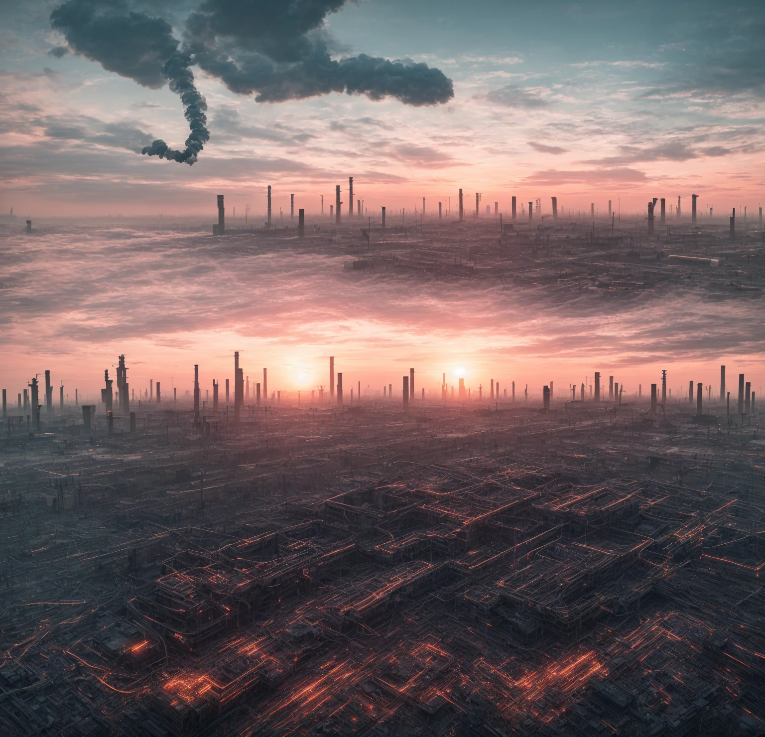 In this dystopian panorama, human hearts beat to machine rhythms. Sunsets are lines of augmented reality code. As factories hum and drones buzz, nature's last breaths fade into forgotten memories.