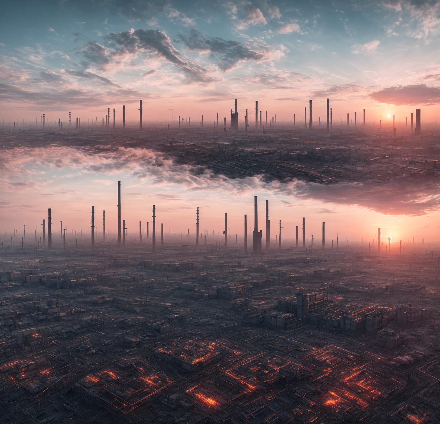 In this dystopian panorama, human hearts beat to machine rhythms. Sunsets are lines of augmented reality code. As factories hum and drones buzz, nature's last breaths fade into forgotten memories.
