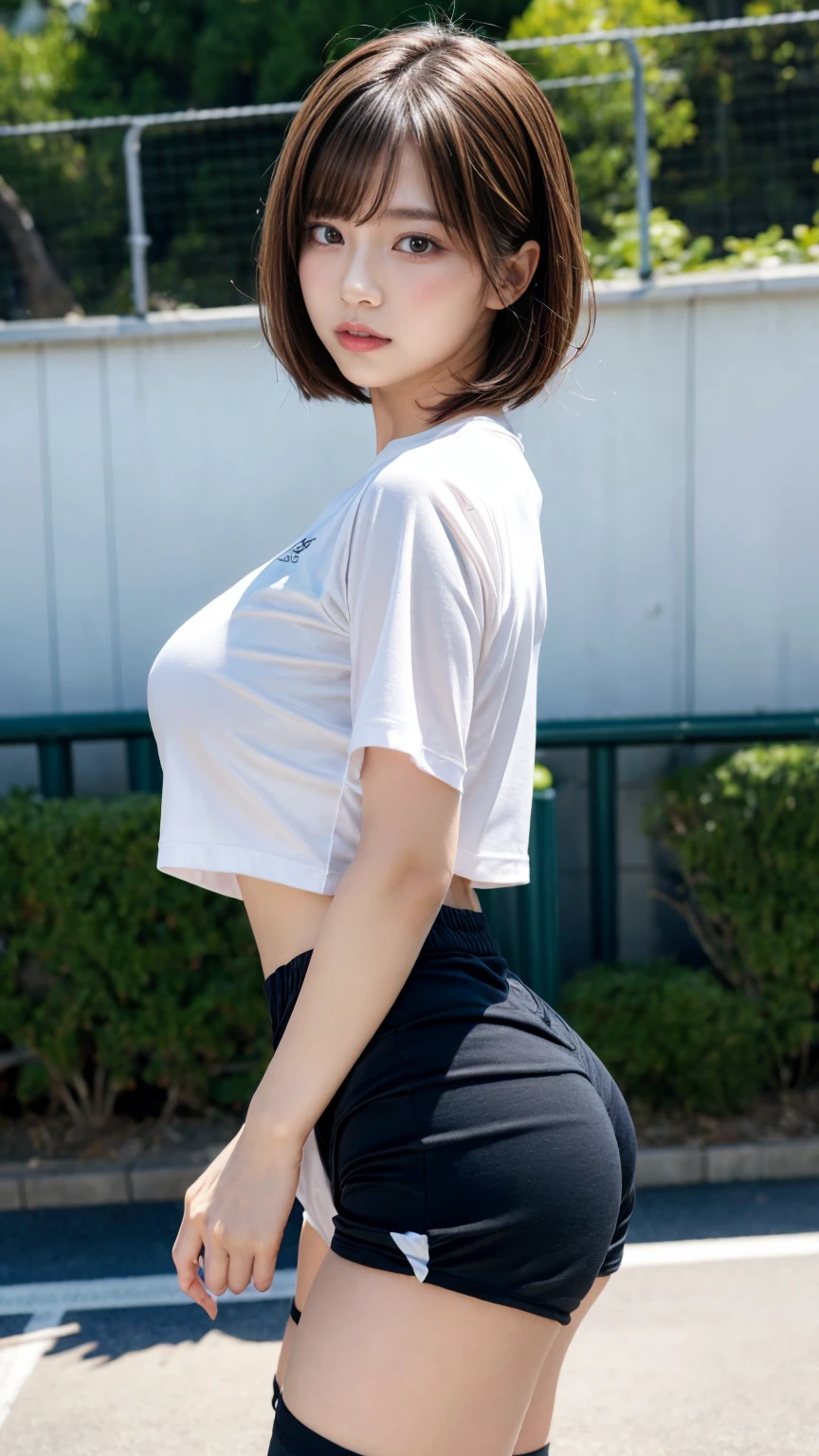 masterpiece, best quality, illustration, Super detailed, fine details, High resolution, 8K,wall paper, perfect dynamic composition,(Details High quality, realistic depiction of eyes:1.3), from side, oversized sport shirt, shorts women, bitch_virgin, short bob hair, black hair color, Big Natural Color Lip, sexy pose, crying a little、Harajuku style、20 year old girl、cute type、ta, hposing Gravure Idol, full body photo、focus on crotch, huge breasts, large hips