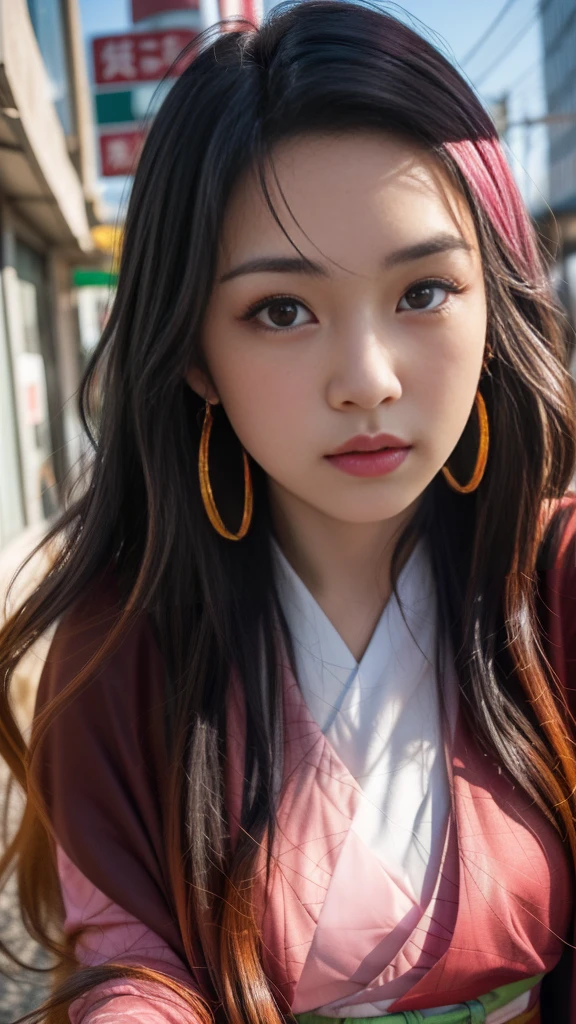 Cute Japanese woman, (16 years old), (Very cute face: 1.3), White moist skin,
BREAK,
Fighter, Kung Fu fighter, Idol,
BREAK,
(Wearing cute kimono: 1.3), (Very revealing kimono), Very big earrings, Short length,
BREAK,
(Long hair), (Bangs: 1.2), (Pink hair: 1.3), (Wavy hair), (Gradient color red hair: 1.3), (Red hair tips),
BREAK,
(Realistic: 1.3), Masterpiece, Perfect lighting, (Ultra high resolution), (8K), (Very detailed: 1.4), (From the front), Looking at the camera, Melancholic expression,
BREAK,
(Japanese city streets: 1.2), Background of Tokyo Tower in Japan,