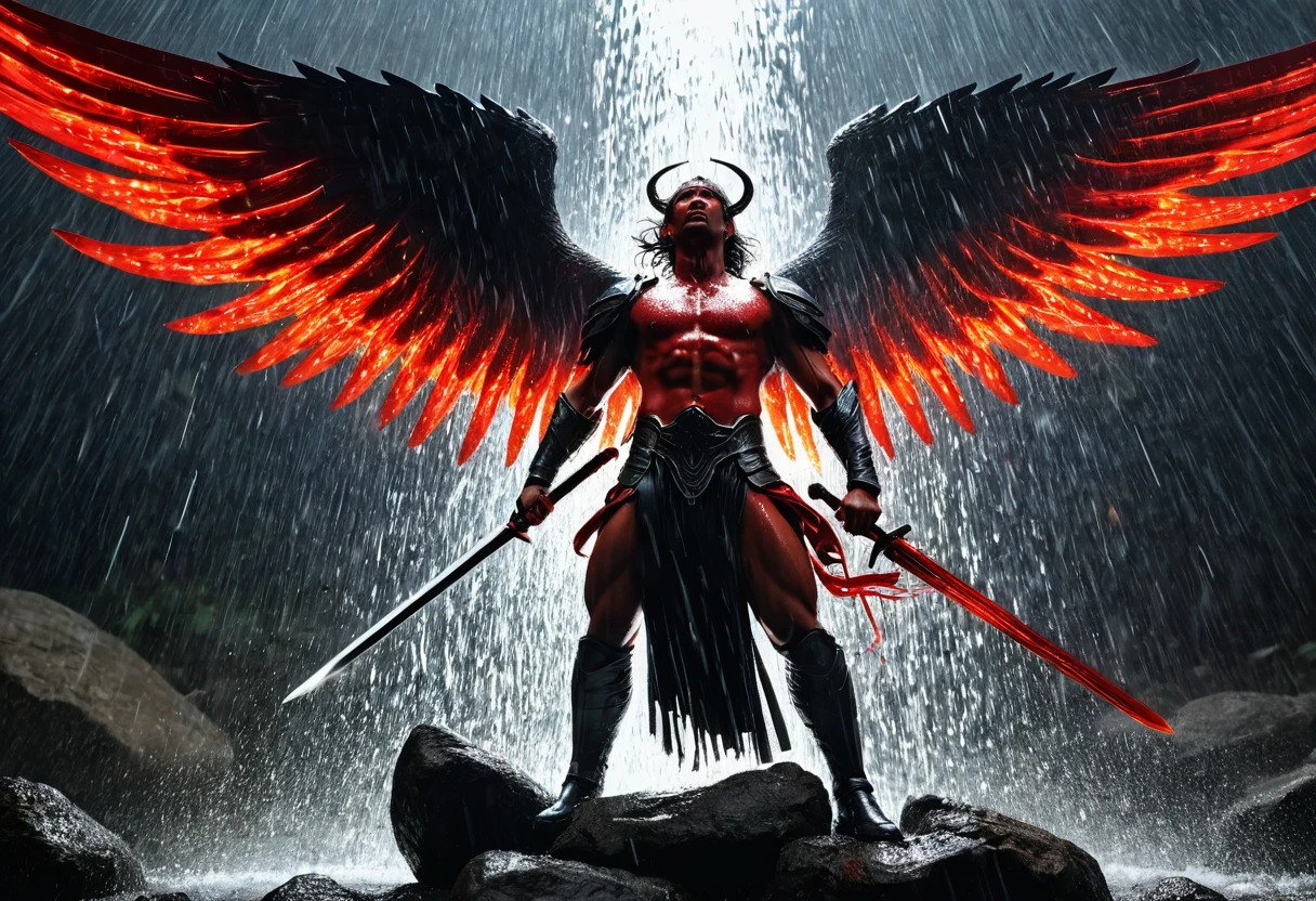 masterpiece,best quality,4k,photoillustration double exposure, 1archangle, 1demon((masterpiece best quality), (perfect anatomy), (perfect proportion body))1angel, archangel, steel-blade wings(blade wings:1.3), hold a flame_sword with his two hands((hold sword with two hands)(accurate:1.8)), sticking the sword in the rock, attacking stance, splashing red liquid surround, red rain, heavy rain, dynamic movement, cinematic motion, epic realism, hyper realistic, dramatic light, red sweat splashing, above view, red drips on face, dark background, mourning UHD, 8k