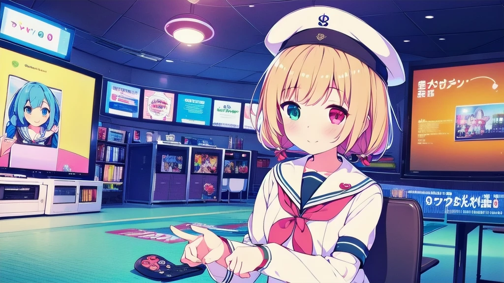 score_9, score_8_above, score_7_above, fountain_cheered up, 1 girl, Switchchan, heterochromia, sailor collar, , shirt, serafín, black thighs, Game control, holding Game control, Session, happy, television, looking at television, on one side,