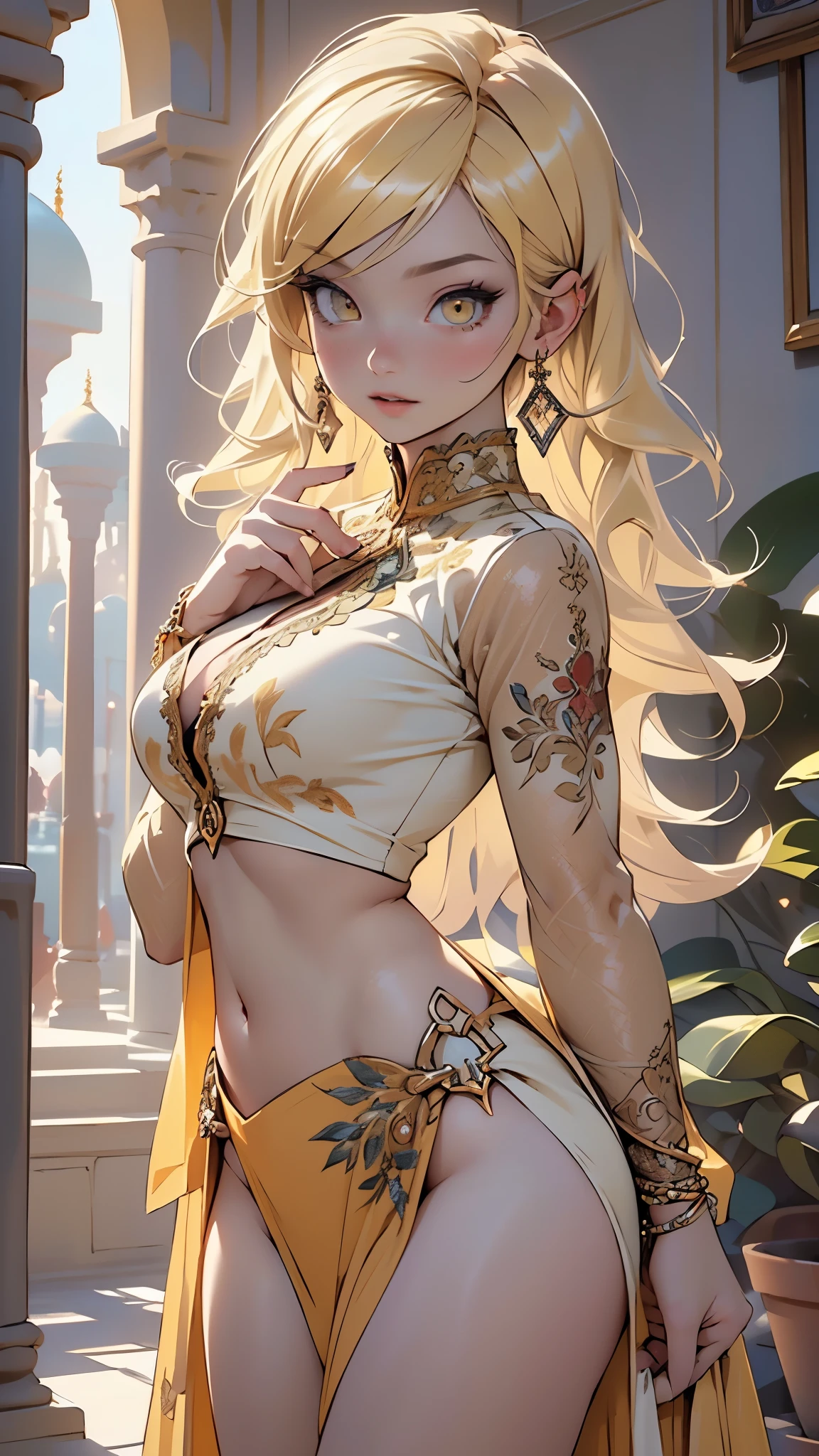 ((((indian girl)))),
girl,((yellow_body:1.3,yellow_face:1.3, completely yellow_skin:1.3)),(large breasts:1.4),saggy breasts,((((yellow hair)))),(((yellow_eyes:1.3))),intricate eyes,beautiful detailed eyes,symmetrical eyes,(((lustrous skin:1.5,bright skin: 1.5,shiny skin,very shiny skin,shiny body))),(spider lower abdomen,narrow waist,wide hip,bimbo body,inflated legs,thick thighs,delicate detailed fingers),((hand consists of a short thumb and four fingers,hand with just five fingers,(detailed face))),
(cute,slutty,sensual,seductive look,seductive,((erotic)),opulent,sumptuous,longingly,(nsfw)),
(arabian clothes, harem outfit, arabian dancing girl, belly dancer outfit, sex slave, jewelry, sheer loincloth, pelvic curtain, midriff, bracelets,),(arabian jewelry,intricate necklace),(((intricate outfit,intricate clothes))),(((intricate outfit,intricate clothes,embroidered outfit,ornate outfit))),
(dynamic pose:1.0),embarrassed,(centered,scale to fit dimensions,Rule of thirds),
inside,indoor,((palace in Arabia, palace in Arabia background)),scenery:1.25,((intricate scenery)),
(Glossy winter ornaments),highres,sharp focus,(ultra detailed,extremely detailed),(photorealistic artwork:1.37),(extremely detailed CG unity 8k wallpaper),(((vibrant colors,vibrant theme))),(intricate),(masterpiece),(best quality),artistic photography,(photography taken by sldr),(intricate background),perfect rendered face,perfect face details,realistic face,photo realistic,((intricate detail)),(((realism))),