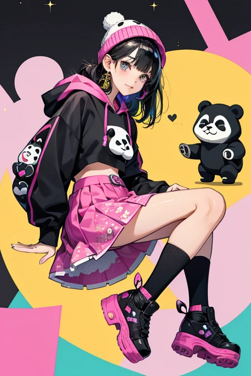 Winnie Joyful, likes to make her own luck. She has long rooted black hair with molded panda charm elastics and a cute panda-inspired beanie and gorgeous fashion. Winnie’S black cropped hoodie features a graphic screenprint, belt with repeat printed pattern “Nanana” and stitching with a molded round gold buckle. Her long skirt has an asymmetrical inner skirt with allover kawaii print with a colored sheer iridescent mesh. To complete her ensemble, are her platform panda boots with printed socks. SPARKLE; GLITTER