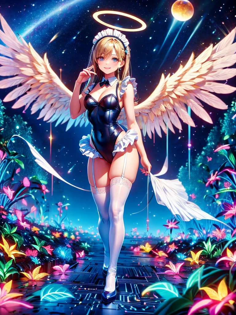 Highest quality,Highest Resolution,Smiling beautiful girl in maid leotard,White angel wings on your back,Halo,High leg,Frills,Knee-high stockings,front,whole body,up,universe,Milky Way,meteor,Earth,Very beautiful eyes,