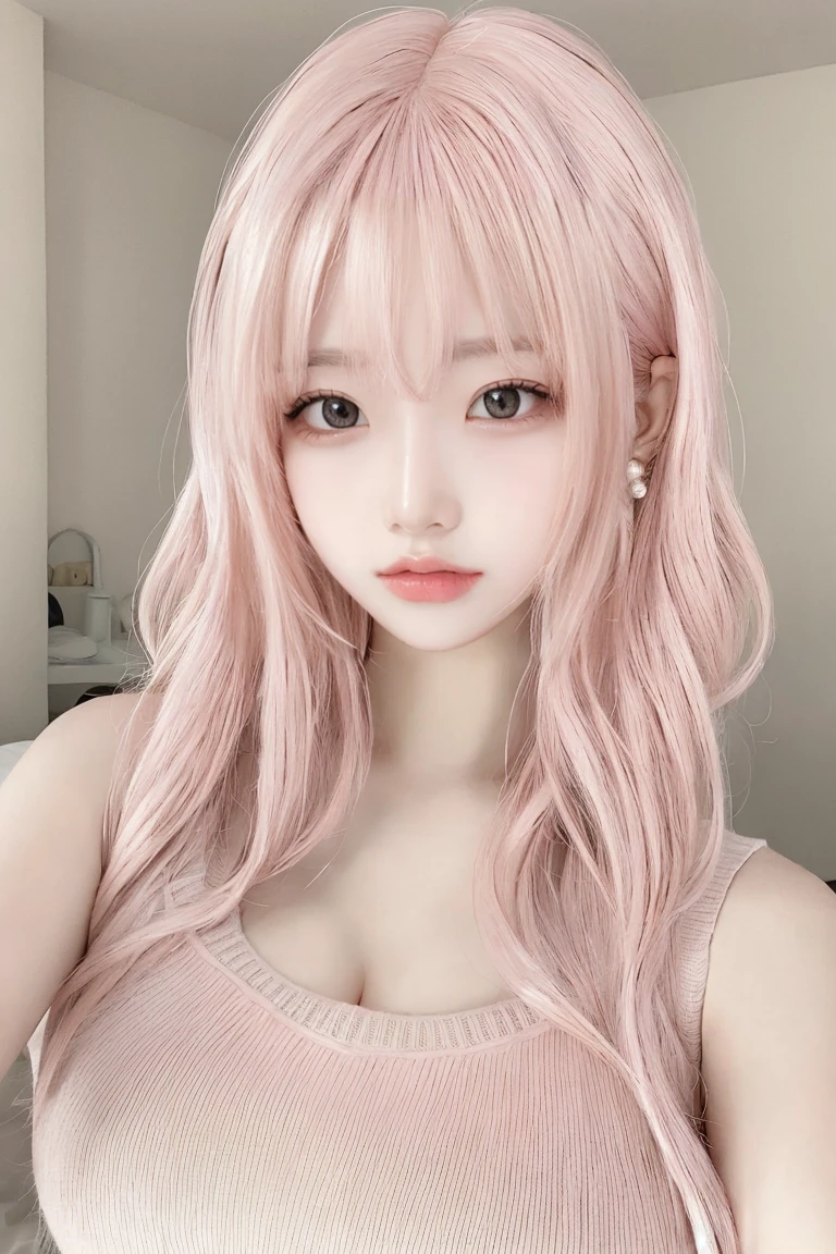 Pink Hair、masterpiece、Highest quality、Extremely detailed 8K、Ultra HD、Super detailed、Very detailed、Very realistic、Photo Real、Japanese、One Girl、High head rate、Beautiful realistic face、Realistic face in every detail、High detail, Realistic Hair、Beautiful and realistic hairstyles、Beautiful and realistic eyes、hVery detailed realistic eyes、Proportional eyes、HVery detailed pupils、Very detailedリアルな自然な眉毛、Very detailedリアルな唇、 Beautiful and realistic lips、Pink lipstick、Sexy lips、Realistic and well-proportioned breasts、Realistic medium sized breasts、Slim Abs、Very detailed皮膚、Upper body image、Black camisole:1.1、White shorts