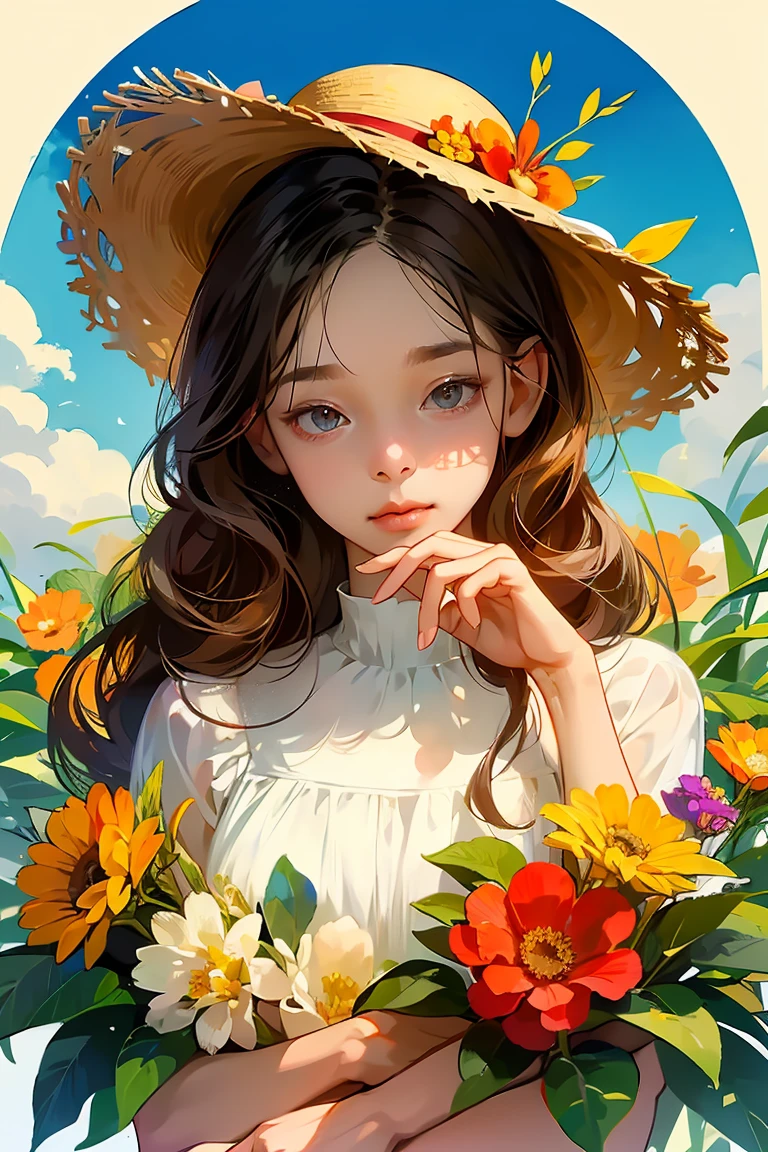 1 girl, alone, ดวงตาที่haveรายละเอียดมาก, starfish, shells, shells, flower, have, decorationsผม, decorations, straw hat, Watch the audience, sunglasses, hatflower, drinking straw, Hair pins, Earrings, Red flower, Color glasses, yellowflower, smooth, English Text, colorful hair, orangeflower, black hair, ring, Cup, long hair, Color glassesส้ม, food, brown hair, Portrait, decorationsผมshells