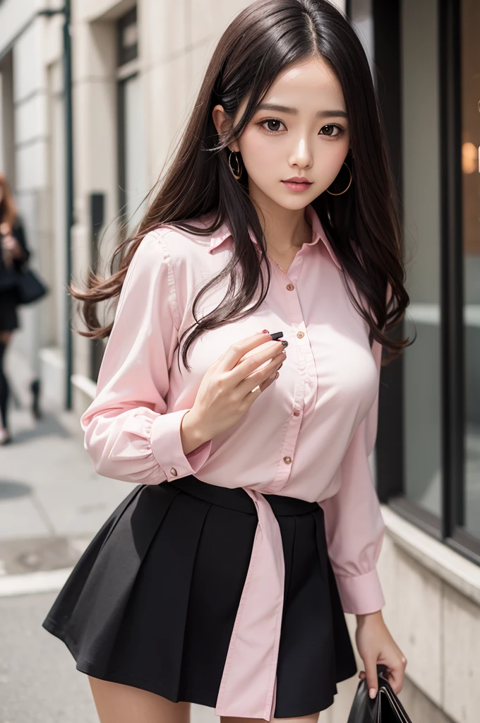 Black skirt and pink blouse