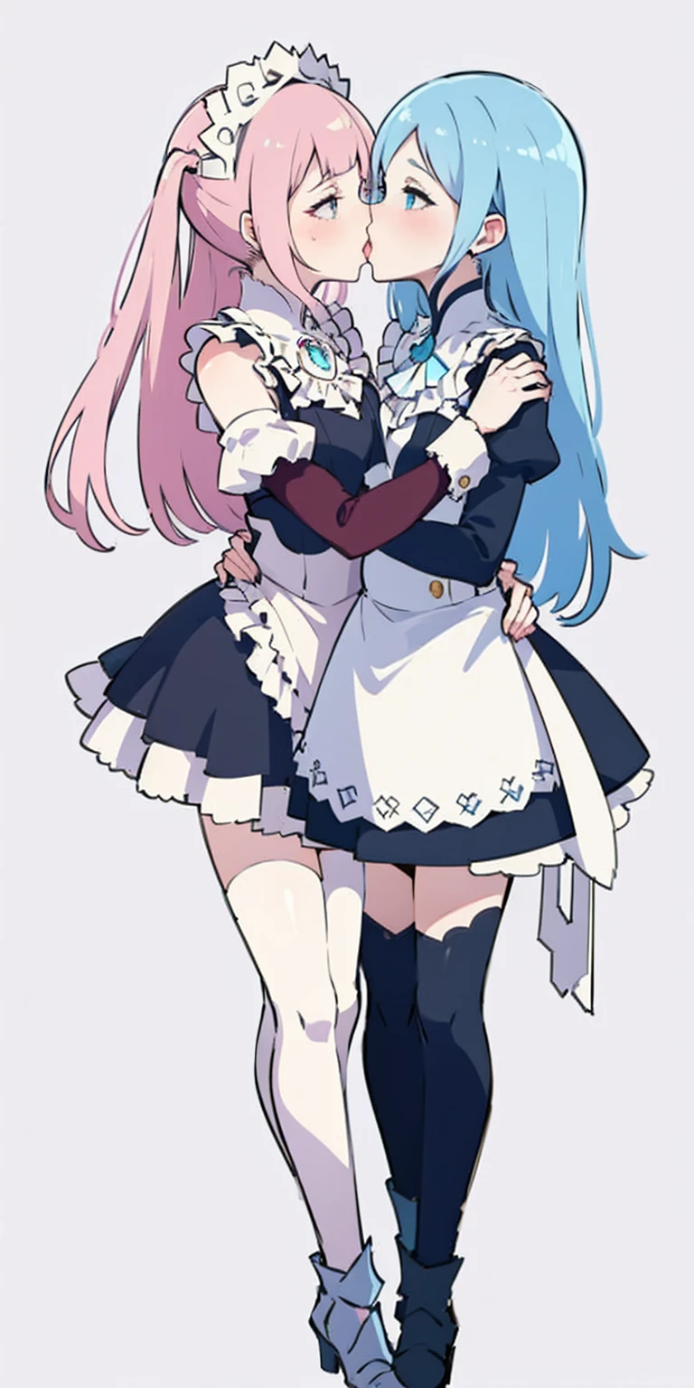 masterpiece, best quality, high quality, long hair, full body, def_effie, blue breastplate, white skin, looking at viewer, shiny, armor, thigh highs, high boots, shoulder armor, faulds, poleyn, gloves, gauntlets, (Felicia + Flora Maid outfit) 2girls together, standing next to each other, holding hands and hugging each other, french kiss, kiss