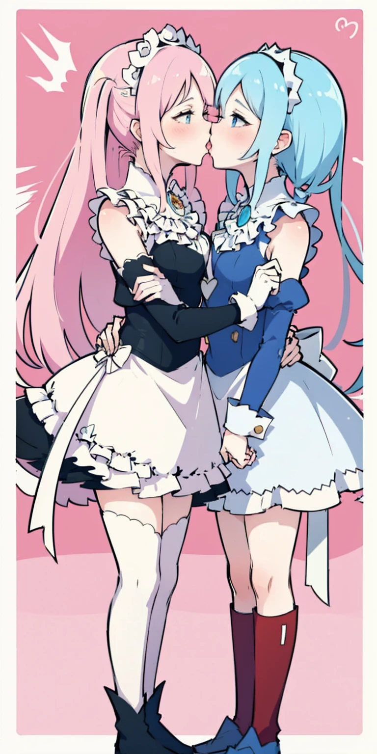 masterpiece, best quality, high quality, long hair, full body, def_effie, blue breastplate, white skin, looking at viewer, shiny, armor, thigh highs, high boots, shoulder armor, faulds, poleyn, gloves, gauntlets, (Felicia + Flora Maid outfit) 2girls together, standing next to each other, holding hands and hugging each other, french kiss, kiss