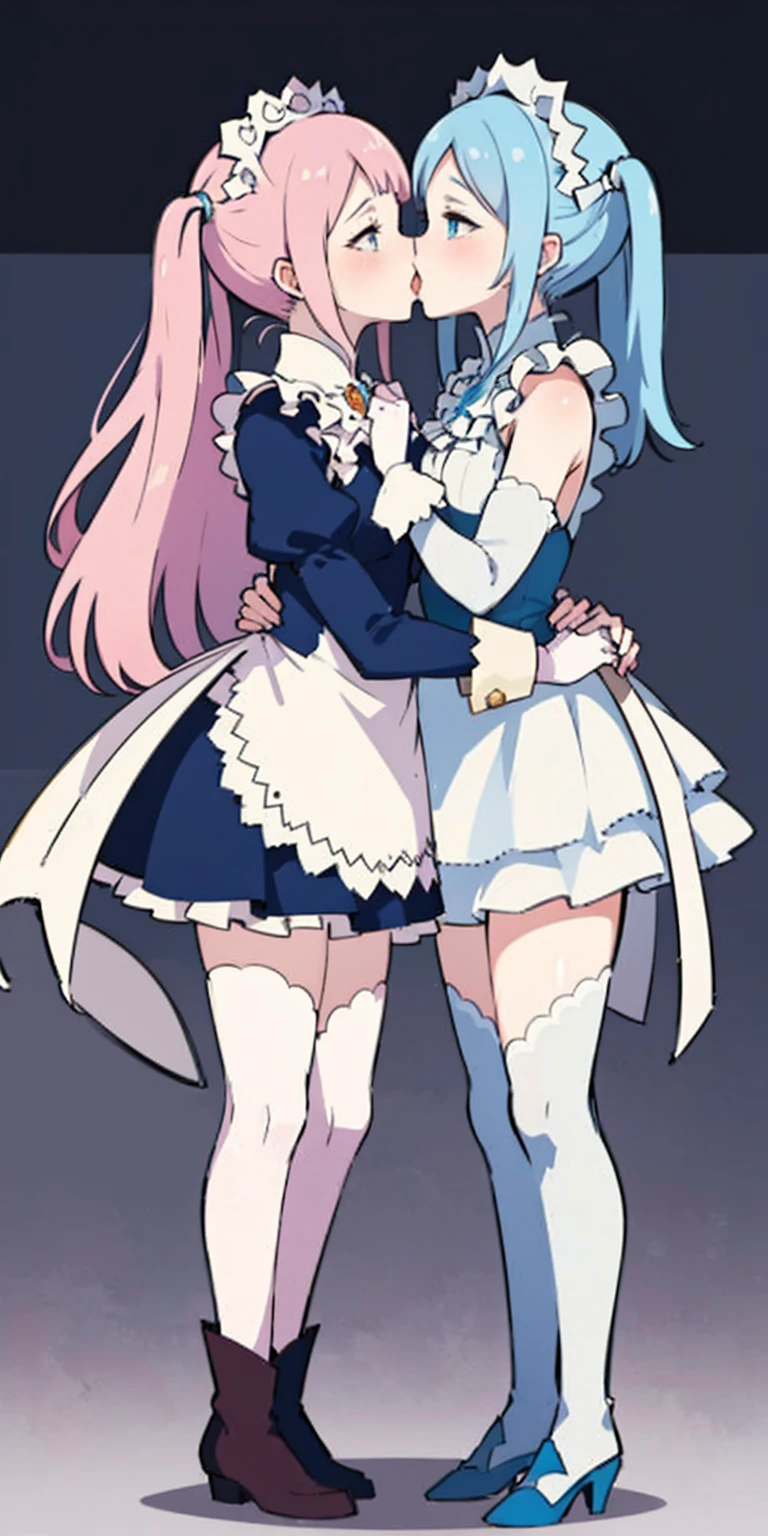 masterpiece, best quality, high quality, long hair, full body, def_effie, blue breastplate, white skin, looking at viewer, shiny, armor, thigh highs, high boots, shoulder armor, faulds, poleyn, gloves, gauntlets, (Felicia + Flora Maid outfit) 2girls together, standing next to each other, holding hands and hugging each other, french kiss, kiss