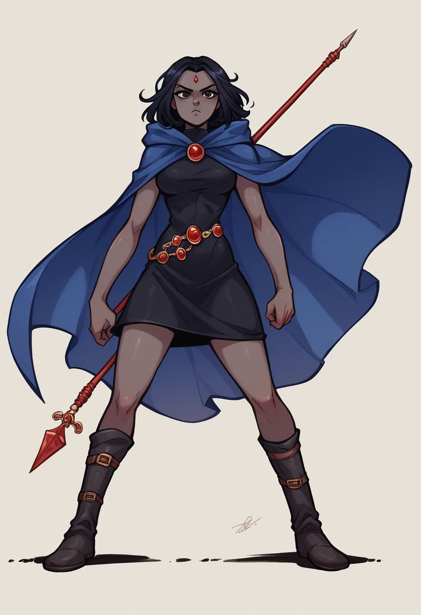 1 adult girl, Raven, black skin black leotard, black cloack, hooded cloak, sexy Greek knee-length skirt, booties, long flowing hair, wavy black hair, forehead jeauel, purples eyes, medieval belt, firm skin, standing, toned, breastsout, battle pose, delicate pose, perspective view(posando)), Lines of movement, portraite, b&au. Contour, whole body, holding a spear