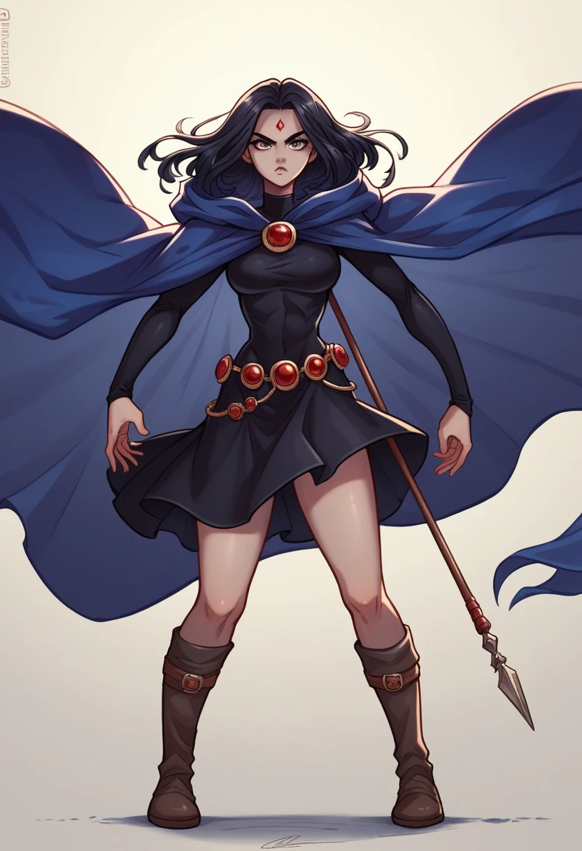 1 adult girl, Raven, black skin black leotard, black cloack, hooded cloak, sexy Greek knee-length skirt, booties, long flowing hair, wavy black hair, forehead jeauel, purples eyes, medieval belt, firm skin, standing, toned, breastsout, battle pose, delicate pose, perspective view(posando)), Lines of movement, portraite, b&au. Contour, whole body, holding a spear