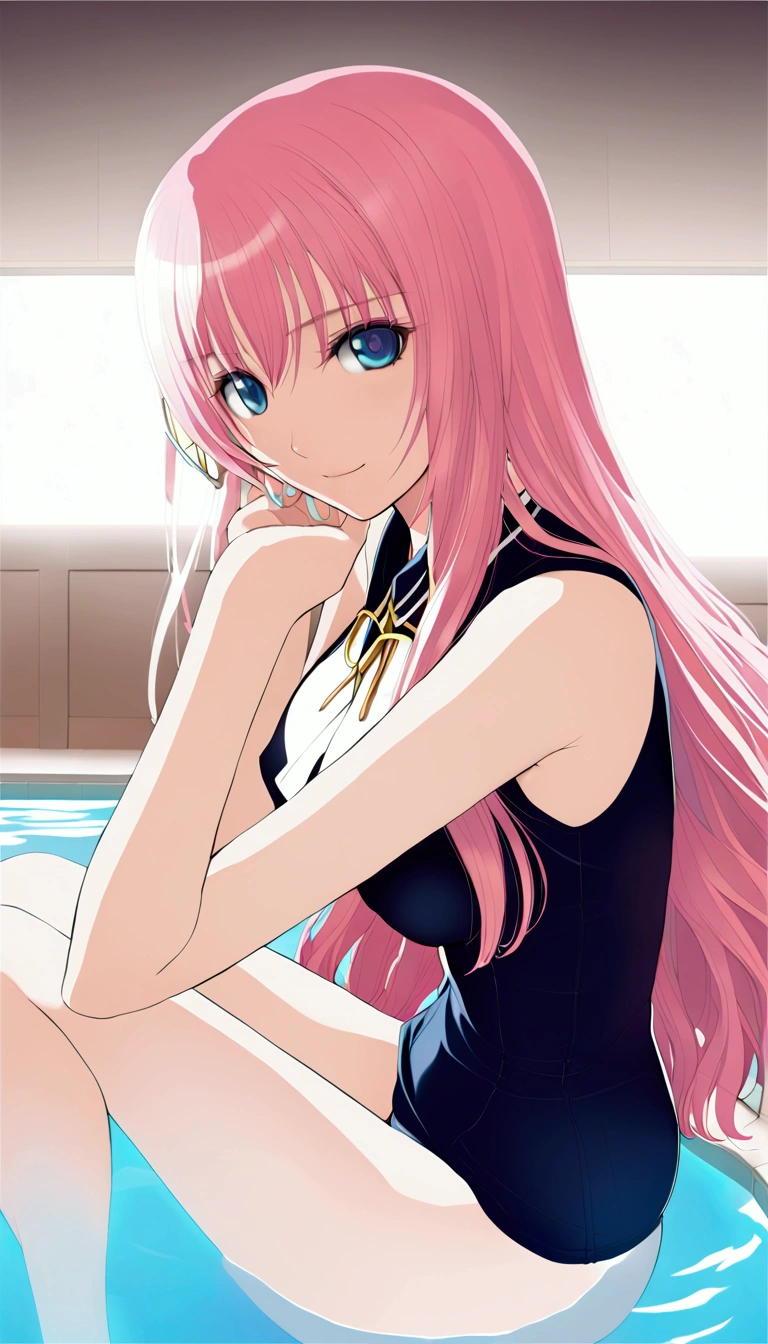 masterpiece ,Megurine Luka,E cup breasts,Pink long hair,blue eyes,School Swimsuit,smile,sit,Pool,