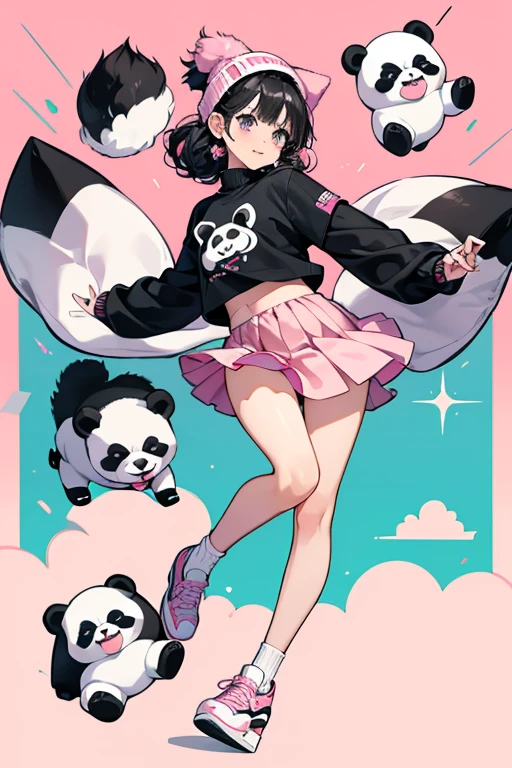 Mimi Joyful takes cute to the next level with her panda graphic shirt. She has long rooted black hair with molded cube charm elastics with relief details and a cute panda-inspired beanie and gorgeous fashion. Mimi’S outfit features a pink long sleeve sweater with a sweet panda screenprint and short blue satin skirt with an allover panda on the inner skirt and organza with iridescent effect on the outer skirt adorned with pink satin ribbons on the shirred hem. To complete her ensemble are her panda slip on platform sneakers with printed socks. SPARKLE; GLITTER
