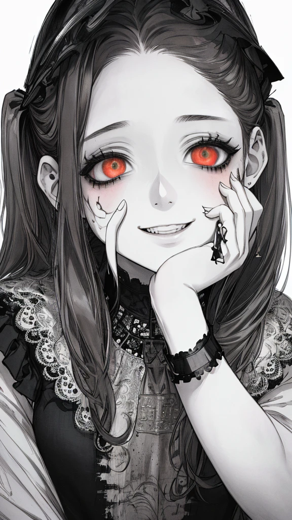(masterpiece:1.2, Highest quality), (Actual Photos, Intricate details), (1 female, alone,whole body、Small breasts) ,Scary atmosphere、Distorted facial expressions、Blood splatter、Cuts on the face、burns on the face、whole body、Punk Fashion、Long Hair、Long Bangs、Twin tails、Black Hair、(((Dark circles under the eyes)))、Pale skin、Feeling unwell、Pathological、Wicked Smile、Crazy eyes、(Grin)Dramatic makeup,Create mixed media art、White Background