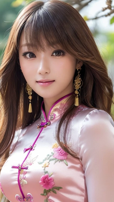 (超High resolution, masterpiece, Anatomically correct, Textured skin, Super Detail, Highest quality, High resolution, 8k, Front light:1.2, bloom, Perfect dynamic composition), ((24-years-old, Cute and sexy woman)), (Sexy Face, Round face, Distant eyes, Gentle eyelids, Thin eyebrows, Gentle corner of the eye), (Gal Makeup:1.0), (eyeliner), (Totally captivates you), (Eyes that feel erotic), (A taste of beautiful eroticism), (Too cute beauty), (Light blonde hair), (Long Hair, Curly Hair, bangs, Smooth Hair), ((She is wearing a rainbow-colored cheongsam with intricate and luxurious embroidery and gradient sleeves., Shiny satin fabric, Deep Slit Cheongsam, accessories, Best body shape)), ((Looking into the camera:1.2)), ((Kyoko Fukada:1.0)), ((Mid-chest)), ((Beautiful and tight waist)), ((Beautiful thighs:1.2)), ((Beautiful ass)), ((Gorgeous and luxurious effects, Background aristocratic society)), ((Captivating smile:1.2)),((Shooting from the side:1.2))