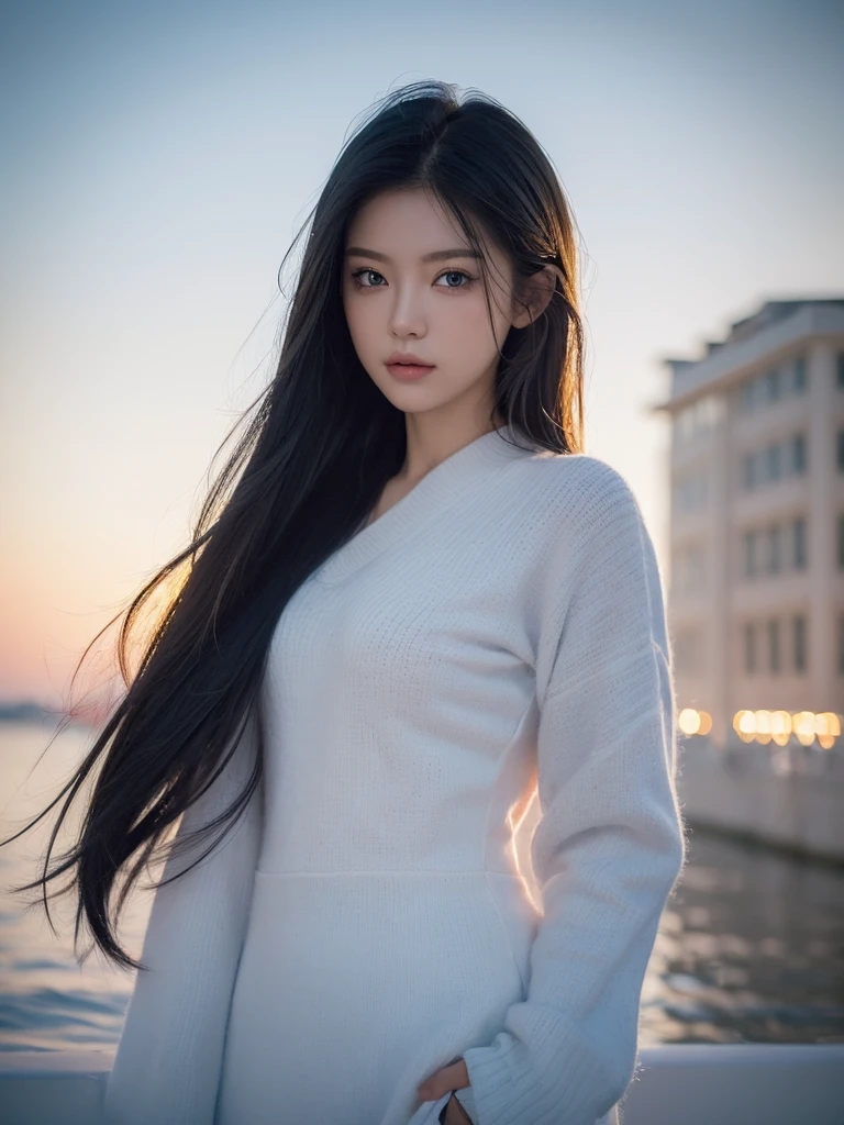 ((best qualityer, 8K, work of art: 1.3)), 1 girl, pretty, Longhaire black, blue eyes, Asian, estilo selfie