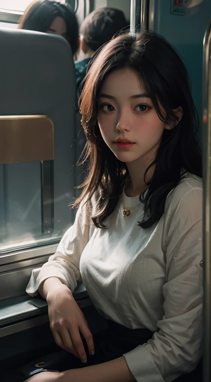(RAW Photos, Highest quality), (Realistic, photo-Realistic:1.3),Highest quality,Very detailed,masterpiece,Very detailedな,shape,One Girl,full_body,Dynamic Angle,world masterpiece theater,Messy_length_hair,Highest quality,Very detailed CG ユニティ 8k 壁紙,ink,wonderful,Cinema Lighting,lens_Flare, Dunhuang_style, in the train
