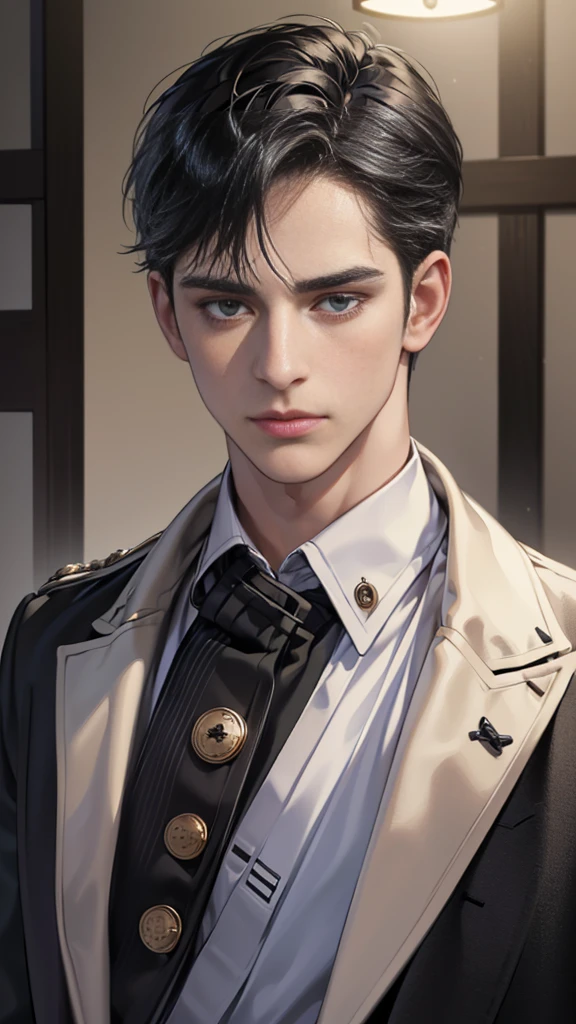 (best quality, masterpiece, 8 thousand, realistic, cinematic lighting, 1:4 HDR images, very detailed, beautiful photoature man, very handsome, ((cold expression)), black short hair, black eye, A perfect face without any mistakes, ((Buttoning my jacket, chief executive))