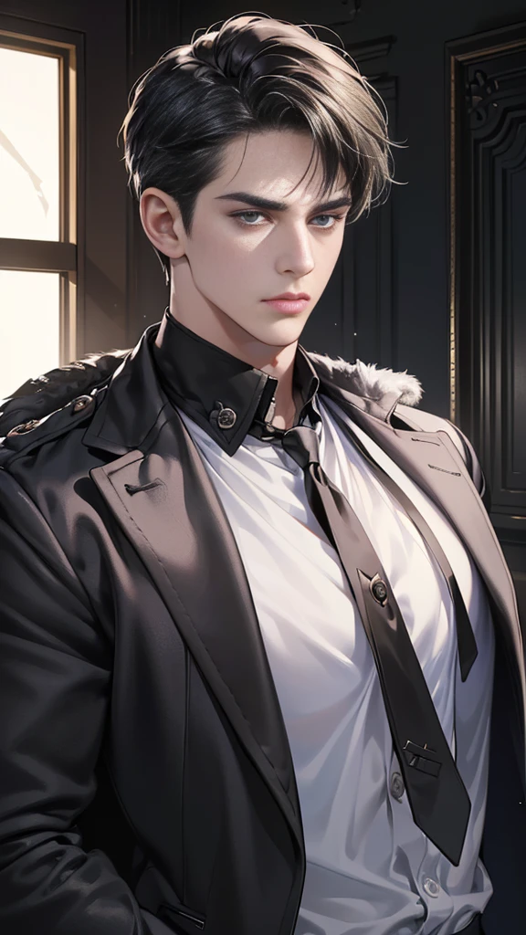 (best quality, masterpiece, 8 thousand, realistic, cinematic lighting, 1:4 HDR images, very detailed, beautiful photoature man, very handsome, ((cold expression)), black short hair, black eye, A perfect face without any mistakes, ((Buttoning my jacket, chief executive))