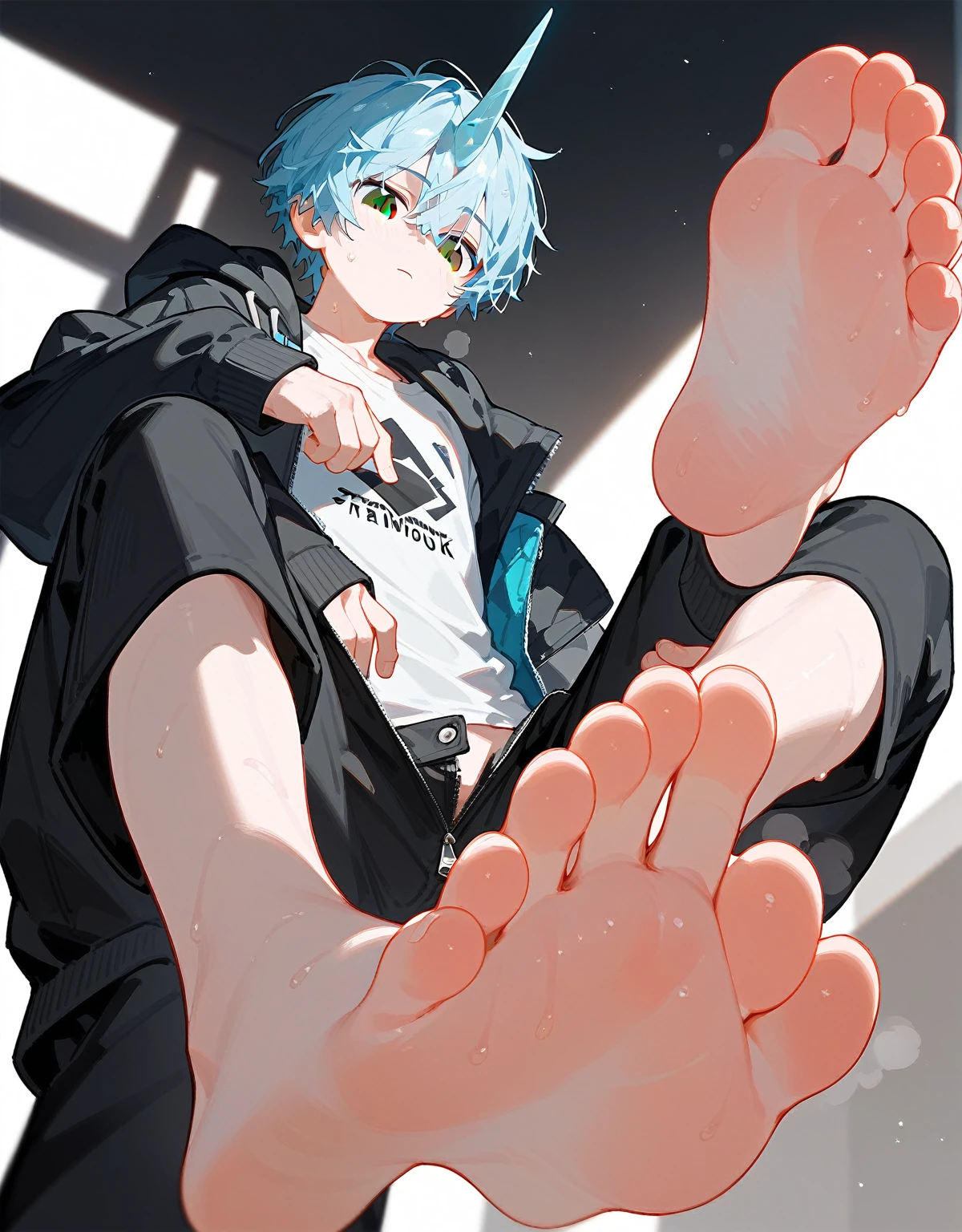 A cute boy showing his stinky feet low angle，barefoot，Sole，Sweating on the soles of the feet，Foot Focus，White T-shirt，Wearing a white and black hoodie jacket，Unzipped hoodie jacket，Bangs between the eyes，short hair，Light blue hair，Black trousers，Anatomically correct, There is a single diamond-like horn in the middle of the head.，Black eyes，Look at the audience