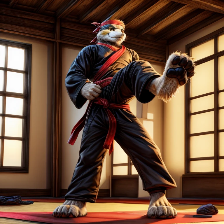 Barefoot Legoshi, practising in dojo, black ninja outfit, red Headband bandana, long pants with heel grip, nice big feet paws