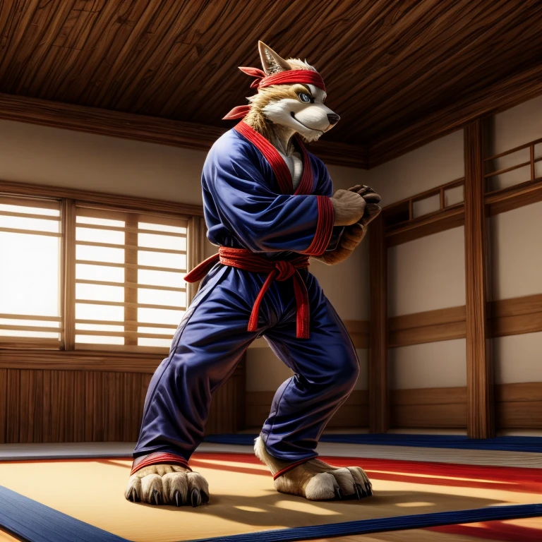 Barefoot Legoshi, practising in dojo, black ninja outfit, red Headband bandana, long pants with heel grip, nice big feet paws