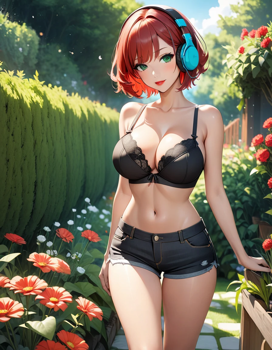 beautiful woman, ((caucasian skin)), red hair, short hair, ((garden)), red lipstick, black bra, green eyes, black summer style jeans shorts, slender body, busty, headphones