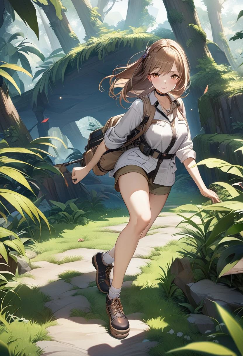 score_9, score_8_superior, score_7_superior, score_6_superior, score_5_superior, score_4_superior, BREAK、Highest quality:1.2、masterpiece、Highly detailed CG unit wallpaper、High resolution、BREAK、Jungle Adventure、Subtropical plants、Mysterious Jungle、Wilderness、Explorer's attire、Sharp Eyes、One Girl、Walking、Densely grown grass、
