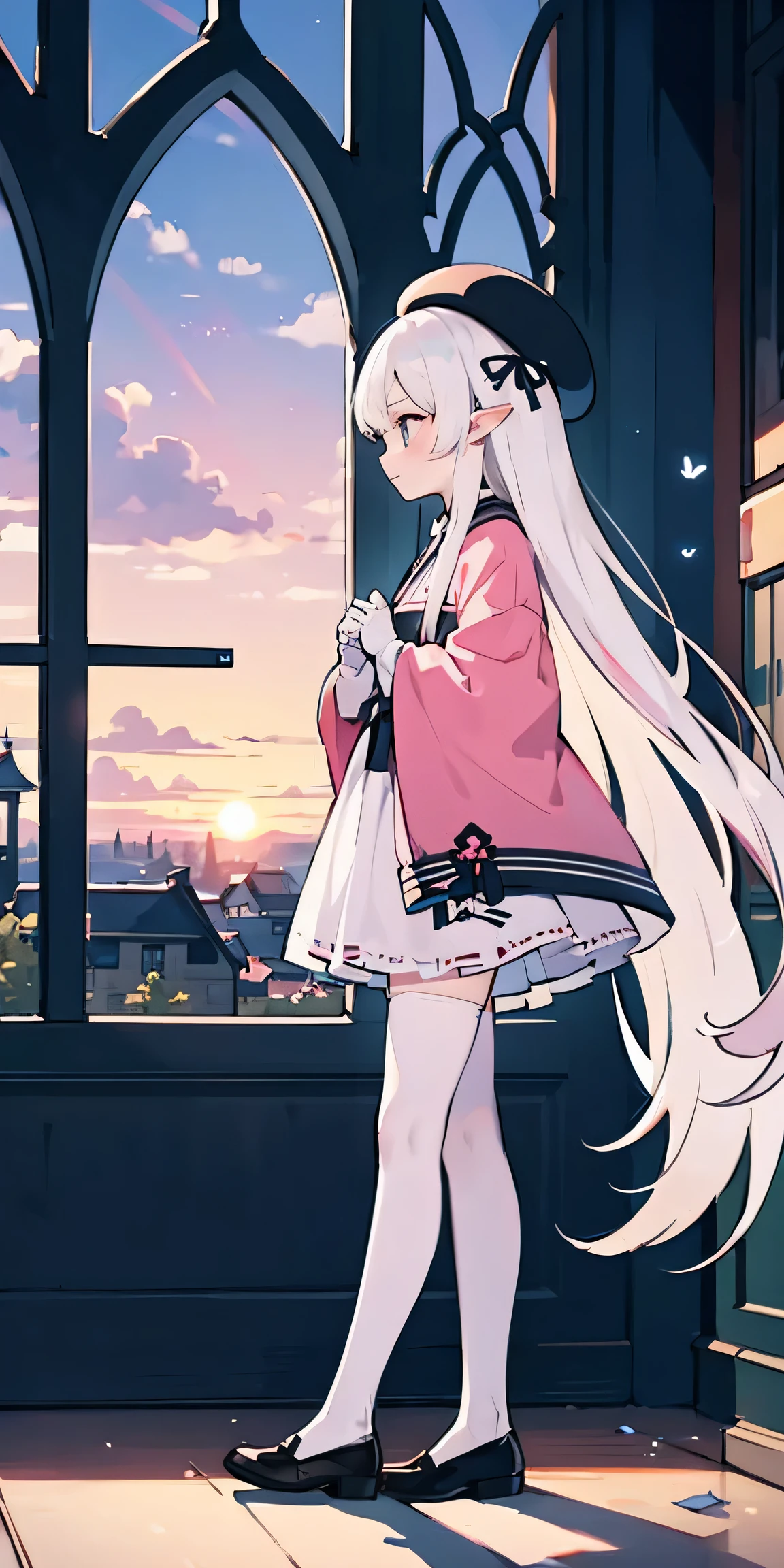masterpiece, best quality, Fairforest, Son of a Man, Berets, Pink shawl, Pink Tunic, White pants, Brown gloves, whole body, Sunset, Gothic architecture, castle, cloud, Looking at the audience, from the side, Female 1.66m white hair long hair,Fa Ka is a word consisting of two sixes.,The pupil is a white square,Iris is a color gradient。The two ears are hung with small pendants, which are six-sided and six-shaped.。There are six small ribbons on the middle.。The clothes are white and pink kimono short skirt pink Gothic Lolita clothlack butterfly-shaped ribbon tied on the chest。The left length of the white silk stockings just reaches under the skirt,Rainbow leg ring on left leg