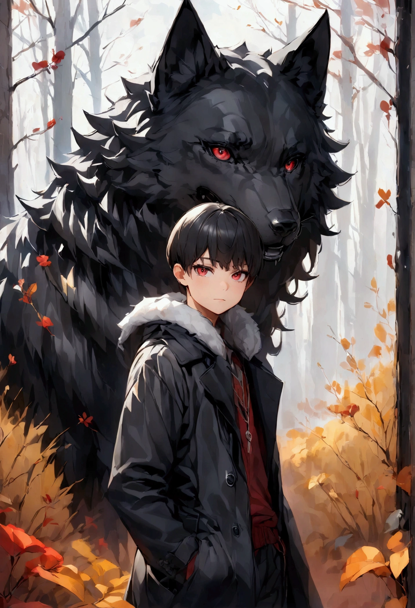 A very large black wolf and a young age boy with straight black hair and blood-red eyes wearing a black overcoat with white trim in a forest