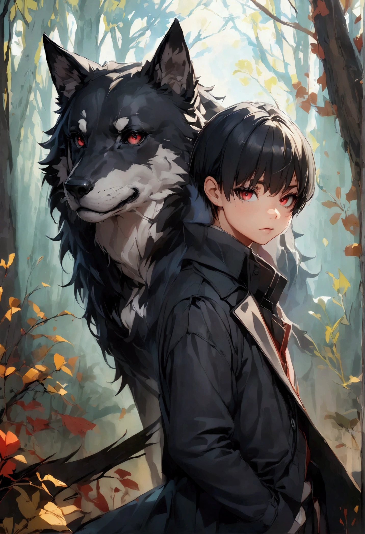 A very large black wolf and a young teenage boy with straight black hair and blood-red eyes wearing a black overcoat with white trim in a forest