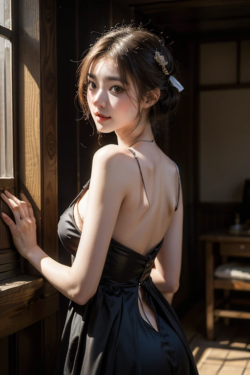 Ultra Real), (illustration), (High resolution), (8K), (Very detailed), (Best illustration), (Beautiful detail eyes), (Best quality), (Ultra detailed), (Masterpiece), (Wallpaper), (Detailed face), ( Black hair), Tatami, 1 girl, lace-up backless apron, bare legs, saturated light, edge lighting, backlight, movies, (torn clothes: 1.5), full body photo