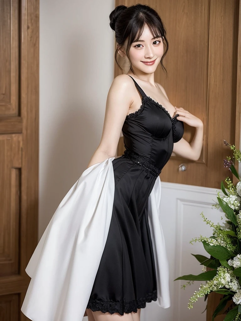 Highest quality、masterpiece、8k、Very detailed、Realistic、Looking at me with a smile、whole body、Black Hair、Short Hair、Small face、Slender、(Big Breasts)、Thin and beautiful legs、narrow and constricted waist,、Tight Victorian maid outfit