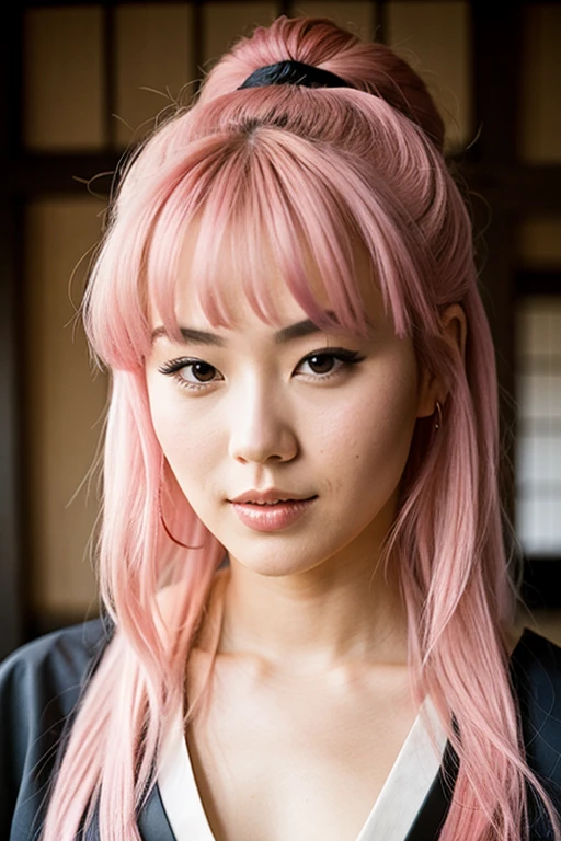 Draw me a hot samurai woman with pink hair