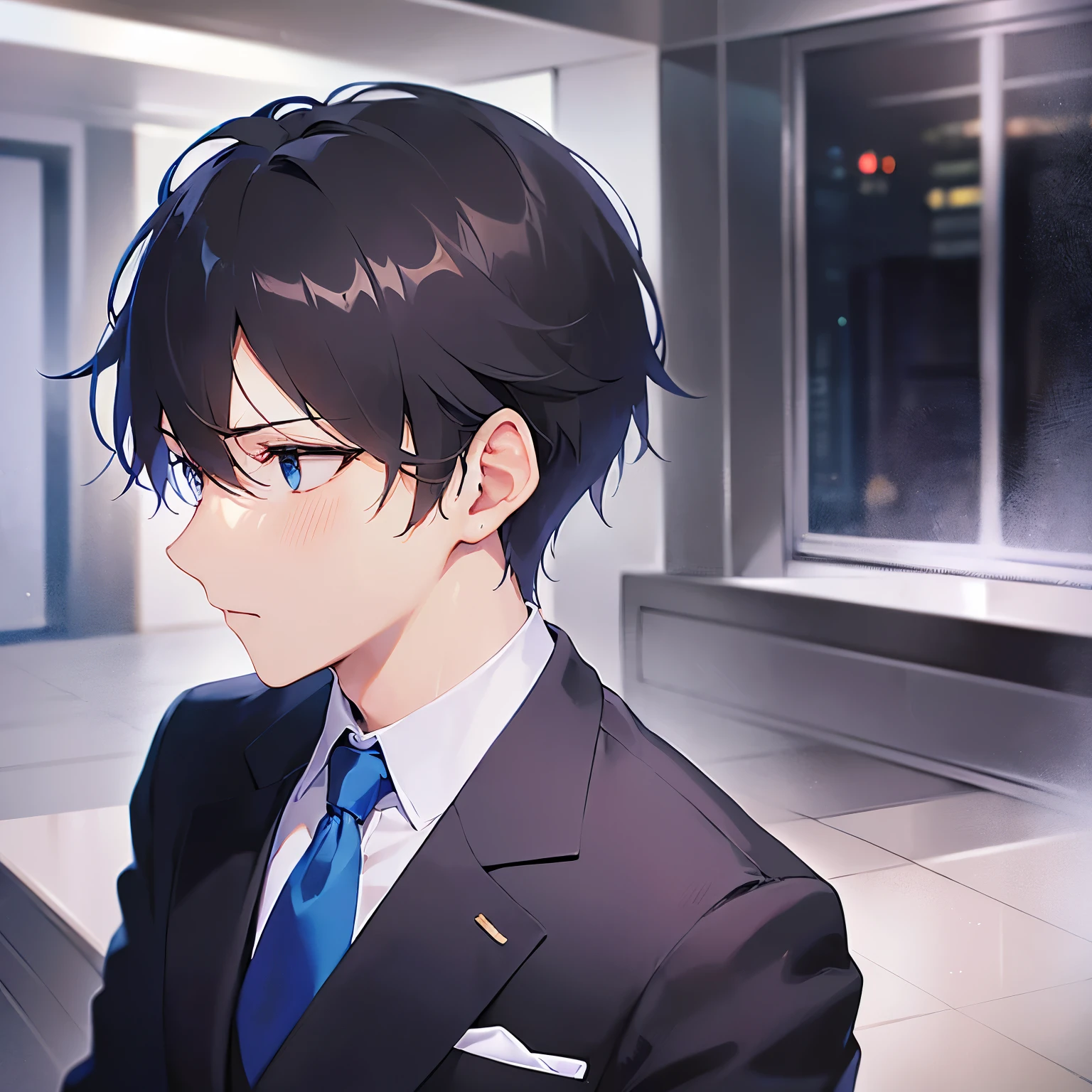 side angle, (looking away:1.5), upper body、
masterpiece、Highest quality、
(25-year-old male:1.5) and(Black short hair) and (blue eyes),
(suit:1.5) and (Blue tie)(suit:1.5) and (Blue tie)、
Serious,blush,typing,The background is the conference room、(alone:1.5)