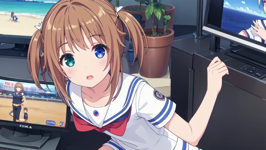 score_9, score_8_above, score_7_above, fountain_cheered up, 1 girl, Switchchan, heterochromia, sailor collar, , shirt, serafín, black thighs, Game control, holding Game control, Session, happy, television, looking at television, on one side,