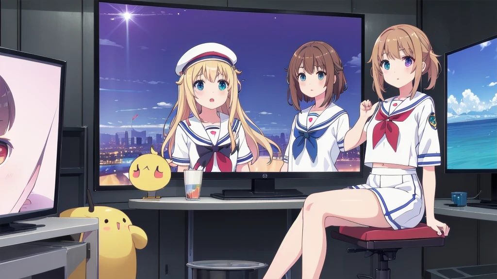 score_9, score_8_above, score_7_above, fountain_cheered up, 1 girl, Switchchan, heterochromia, sailor collar, , shirt, serafín, black thighs, Game control, holding Game control, Session, happy, television, looking at television, on one side,
