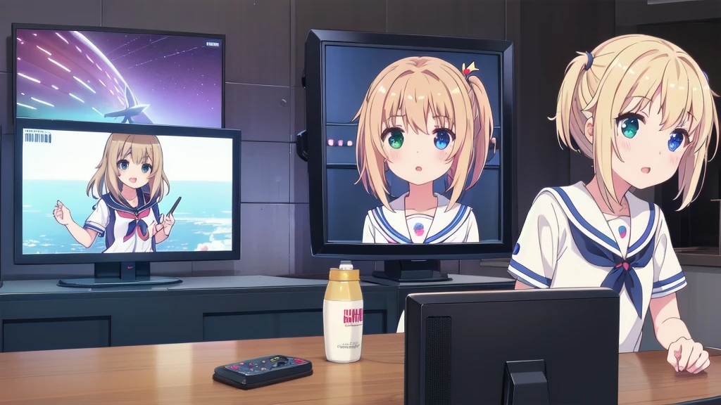 score_9, score_8_above, score_7_above, fountain_cheered up, 1 girl, Switchchan, heterochromia, sailor collar, , shirt, serafín, black thighs, Game control, holding Game control, Session, happy, television, looking at television, on one side,