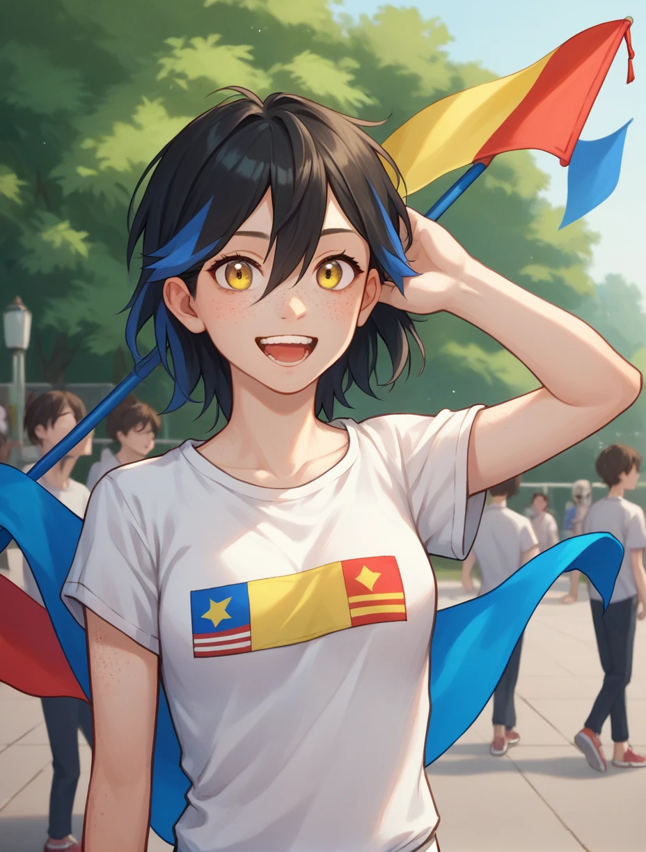 (artwork) (Mega quality) (detailed). 1 girl, black hair,long, and blue tips, blue locks, yellow eyes, with freckles, happy, half body shot, dancing in a park environment, wearing a white tied shirt with the Nicaraguan flag in the middle, a black short, people around watching.