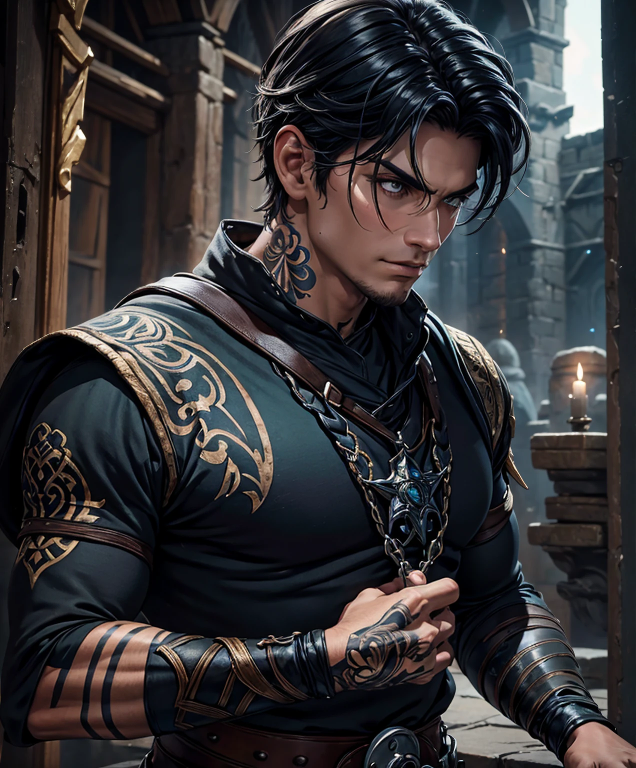 score_9, score_8_up, score_8,  (((Single character image.))) (((1boy))) (((Dressed in medieval fantasy attire.)))   (((This male character is sexy and virile.))) Human male for a wild and exciting fantasy setting. Upper body only. Dark black eyes and dark eyes with an intense stare that increases his attractiveness. Warrior. Handsome.  Devious smirk. Intense.  Strong.  Muscular.  Tattoos.  Fitness.  Black and silver themed attire. Tan complexion. Appears sullen, forlorn and darkly romantic.  He seems stoic and aloof which makes him all the more attractive.  Background is an eerie dungeon. best quality:1.0,hyperealistic:1.0,photorealistic:1.0,madly detailed CG unity 8k wallpaper:1.0,masterpiece:1.3,madly detailed photo:1.2, hyper-realistic lifelike texture:1.4, picture-perfect:1.0,8k, HQ,best quality:1.0, 