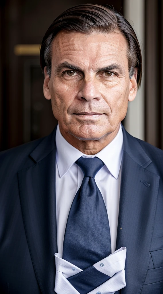 Jair Bolsonaro in a suit and tie with a serious face