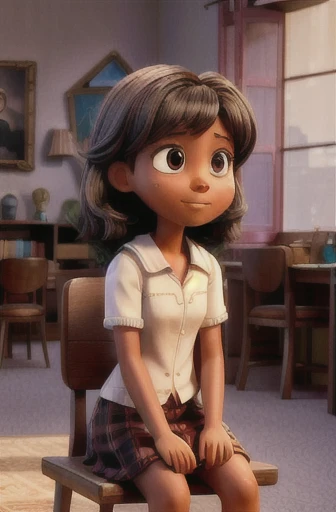 An 11 year old girl, skin black, short straight black hair, setting is the Higwarts common room, She is sitting on the stool with the sorting hat on her head, indicating her to the hustle and bustle