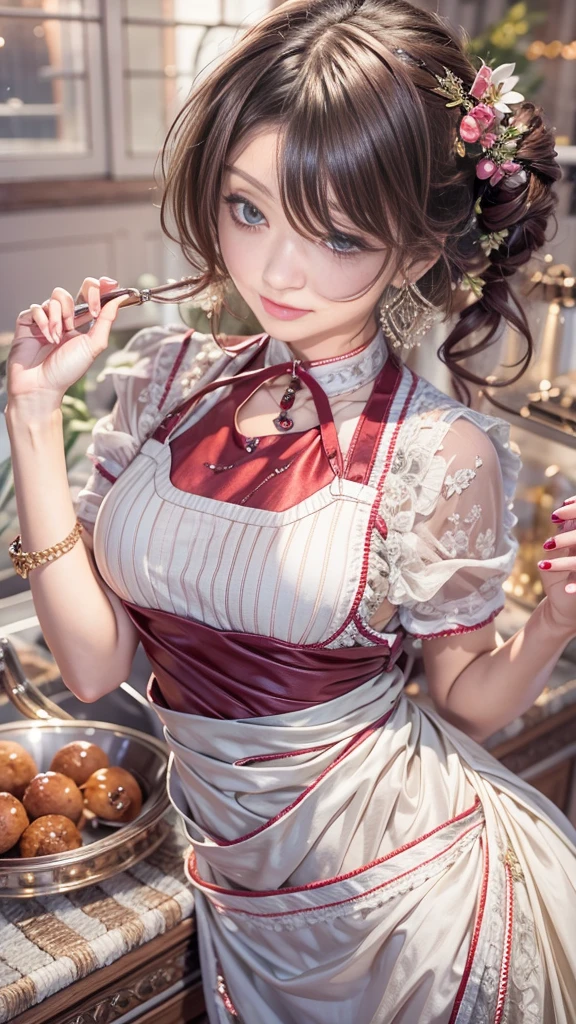 (32K:1.5, Highest quality, masterpiece, Ultra-high resolution), Professional camera work:1.6, Very detailedな肌と顔の質感:1.3, Captivating portrait:1.3, Very accurate, Very detailed, ((1 tall adult woman, Cook:1.4, kitchen, Wearing an apron:0.7)), Incredibly slim body, Fair skin, elegant, Heartful, sense of openness, sense of cleanliness, Sensual posture, (Big eyes that exude beautiful eroticism:0.4, Happy expression:1.0, I love you with all my heart:0.8, Open your mouth a little, lipstick, Feel the beautiful eroticism:0.9), Dark brown medium hair, Mid-chest, Earrings, necklace, bracelet, (romantic, mysterious), Object of admiration, Fancy, original, dramatic, artistic, Innovative, special, exciting, Extreme, Tilt, sense of loss, sorrow, sorrowの表現, ((Adult charm, Feminine charm))